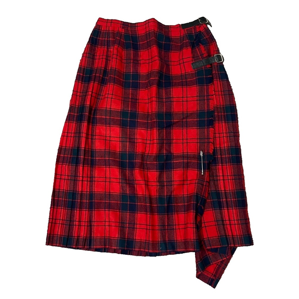 Vintage Archie Brown & Son Wool Plaid Wrap Skirt 14 Red Black Pleated Kilt